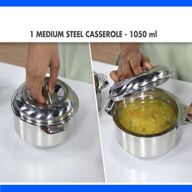 Set of 3 Steel Casseroles + 2 Serving Spoon with Free Steel Lunch Box