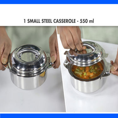 Set of 3 Steel Casseroles + 2 Serving Spoon with Free Steel Lunch Box