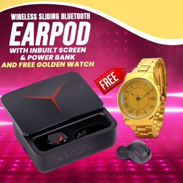 Sliding Case Wireless Earpods with Inbuilt Power Bank + Golden Watch (M90 Pro)