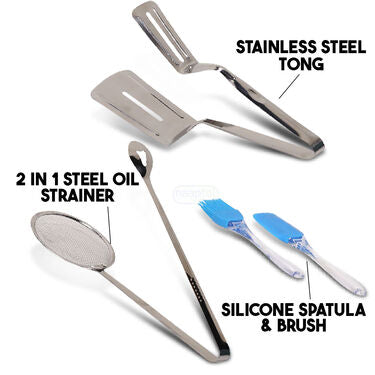 Stainless Steel Tong + 2 in 1 Oil Strainer + Silicone Spatula & Brush (TSS1)
