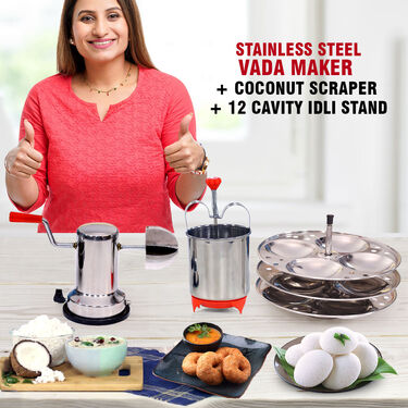 Stainless Steel Vada Maker + Coconut Scraper + 12 Cavity Idli Stand (SCI1)