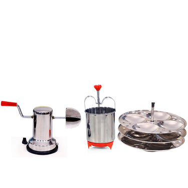 Stainless Steel Vada Maker + Coconut Scraper + 12 Cavity Idli Stand (SCI1)