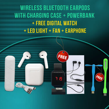 Wireless Bluetooth Earpod + Pocket Powerbank Free Wired Earphones, USB Light, Fan & Digital Watch (WPB3)