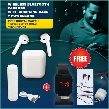 Wireless Bluetooth Earpod with Charging Case + Pocket Powerbank with Light + Free Digital Watch & Earphones (WBP1)