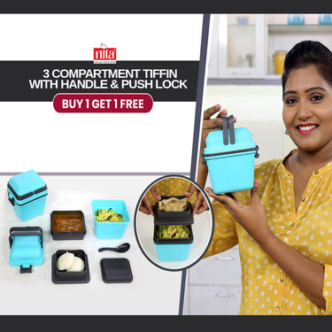 3 Compartment Tiffin with Handle & Push Lock - BOGO