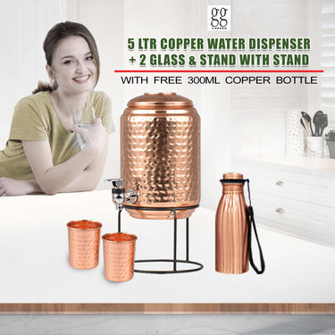 5 Ltr Copper Water Dispenser + 2 Glass & Stand with Free 300ml Copper Bottle