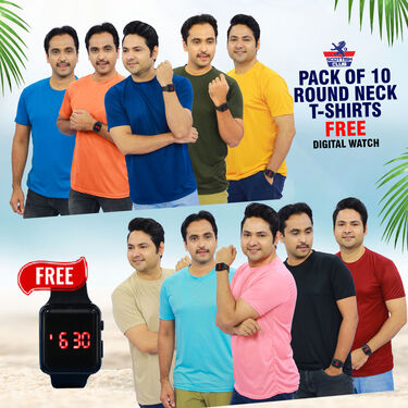 Pack of 10 Round Neck T-shirts with Free Digital Watch (10RT5)